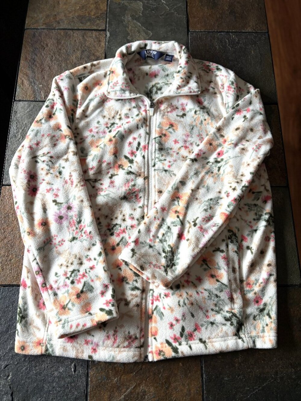 Lands' End floral fleece jacket full zip cream colored size medium petite